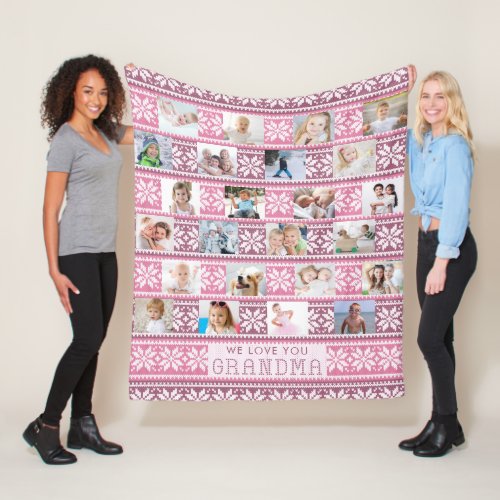 Grandma 24 Photo Cute Snowflake Sweater Pink Fleece Blanket