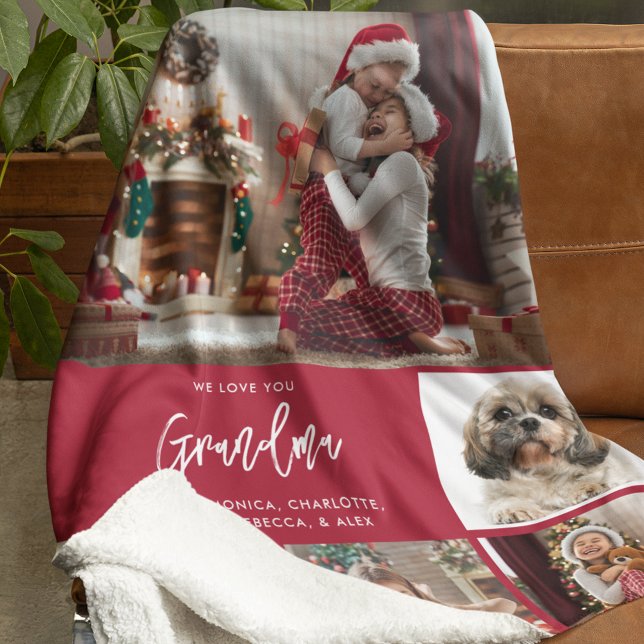 Grandma 5 Photos with Pet Personalized Holiday Sherpa Blanket (We Love You Grandma Photo Collage Sherpa Blanket Red)