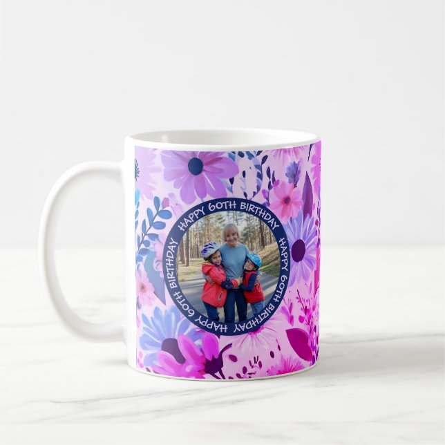 Grandma 60th Birthday Pink And Blue Floral Photo Coffee Mug (Left)