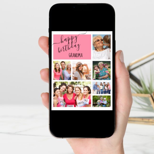 Grandma 7 Photo Collage Pink Personalized Birthday Card (Front Digital)