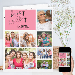 Grandma 7 Photo Collage Pink Personalized Birthday Card