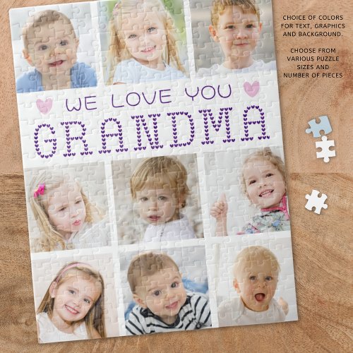 Grandma 9 Photo Collage Hearts Custom Colors Jigsaw Puzzle