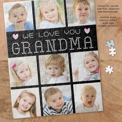 Grandma 9 Photo Collage Hearts Custom Colors Jigsaw Puzzle