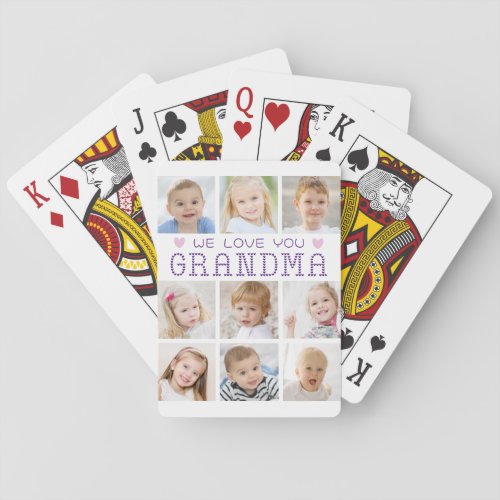 Grandma 9 Photo Collage Hearts Custom Colors Playing Cards