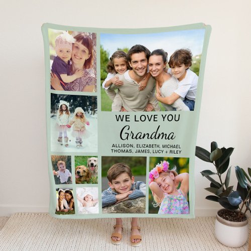 Grandma 9 Photo Collage Sage Green Fleece Blanket