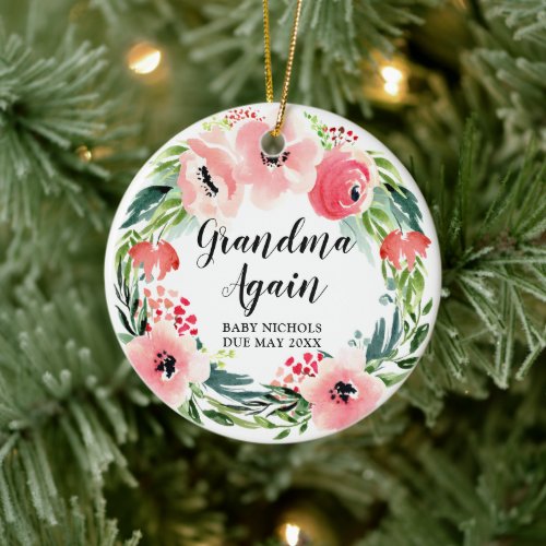 Grandma Again 2nd Baby Personalized Floral Wreath Ceramic Ornament