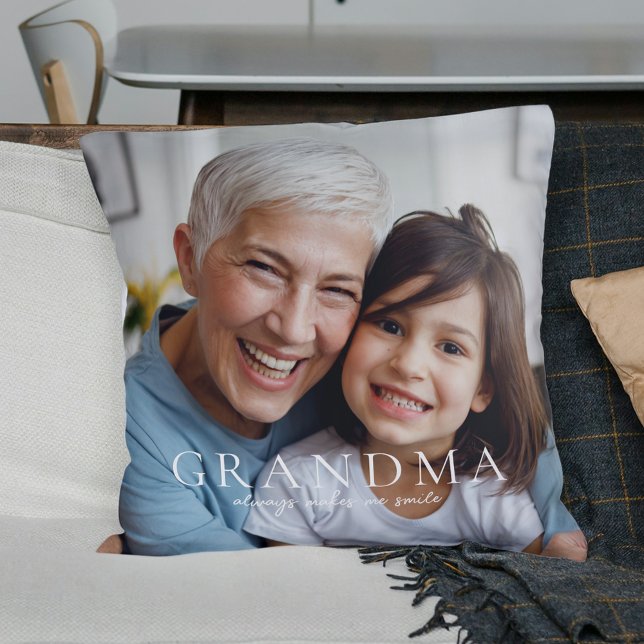 Grandma Always Makes Me Smile Rustic Floral Photo Throw Pillow (Grandma Always Makes Me Smile Rustic Floral Photo Throw Pillow)