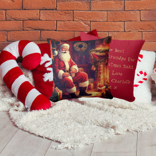 Grandma And Grandpa Santa By The Fireplace Red Throw Pillow