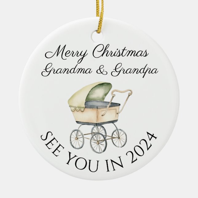 Grandma and grandpa to be new baby  announcement ceramic ornament (Front)