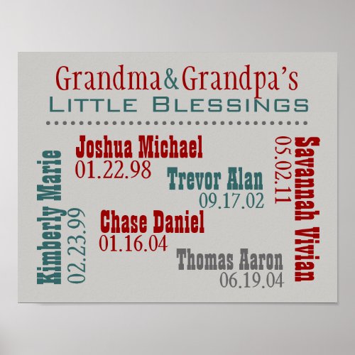 Grandma and Grandpas Grandkids Names Birthdays Poster