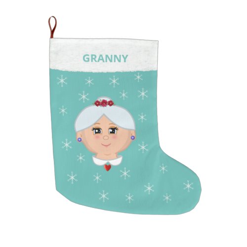 Grandma and Snowflakes on Light Teal Large Christmas Stocking