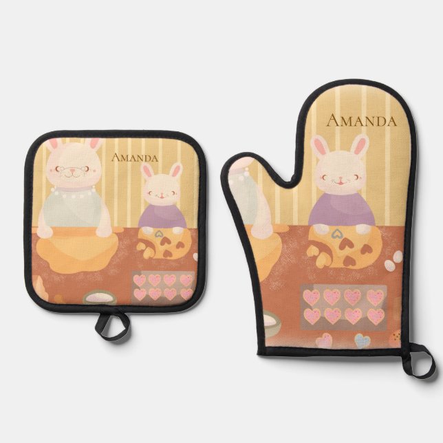 Grandma Baking Cookies Oven Mitt & Pot Holder Set (Front)
