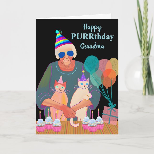 Grandma Birthday Cats with Party Hats Cupcakes Card (Front)