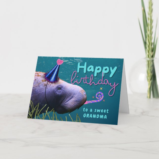 Grandma Birthday Cute Manatee at Party Card (Front)