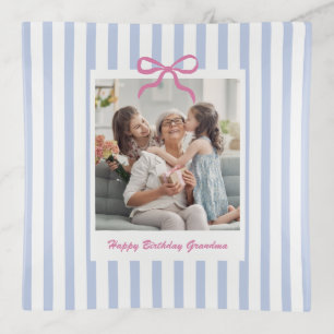 Grandma Birthday Gift Custom Photo Blue Stripe Trinket Tray