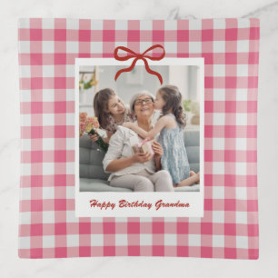 Grandma Birthday Gift Custom Photo Pink Gingham Trinket Tray