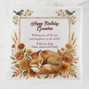 Grandma Birthday Gift Watercolor Floral Fox Art Trinket Tray