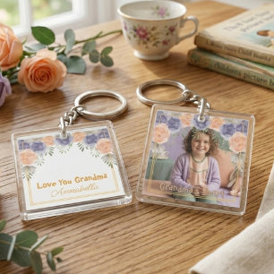 Grandma Birthday Wildflower Rose Photo Floral Keychain