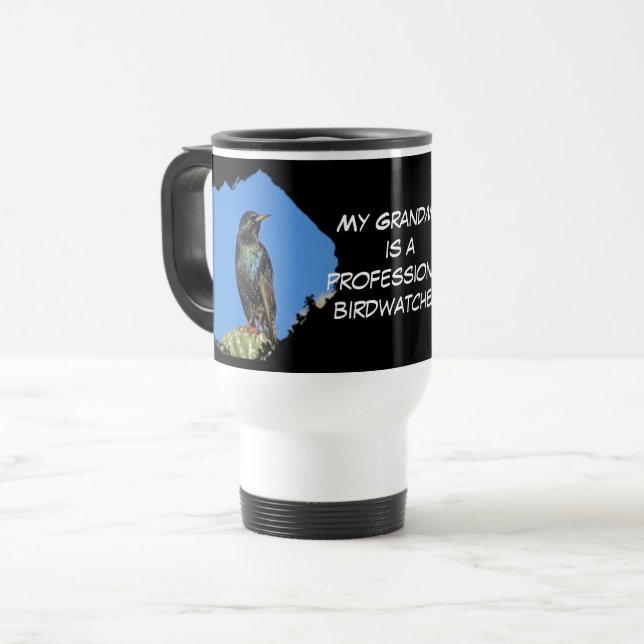 Grandma Black Starling Professional Birdwatcher Travel Mug (Front Left)