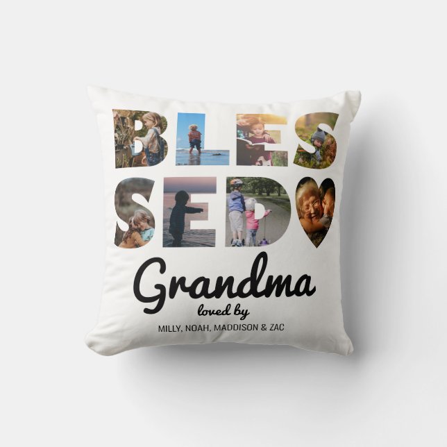 Grandma Blessed Photo Collage Personalized Throw Pillow (Front)