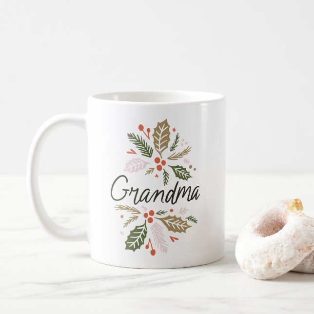 Grandma Bright Holly Christmas Black Script Coffee Mug (With Donut)