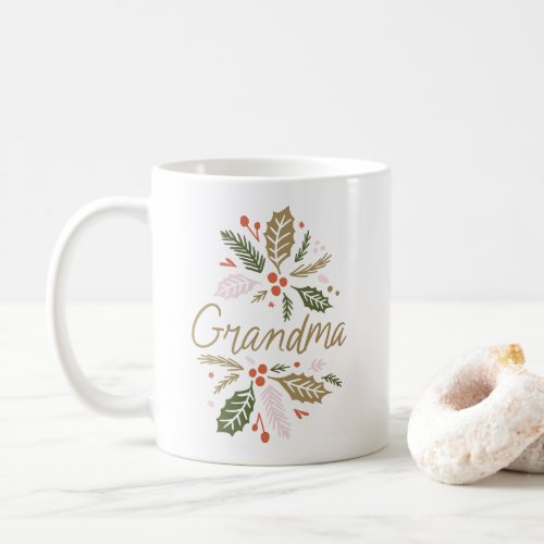 Grandma Bright Holly Christmas Gold Script Coffee Mug