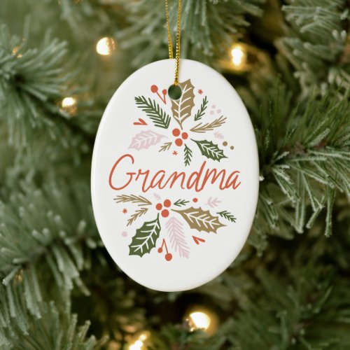 Grandma Bright Holly Christmas Photo Ceramic Ornament