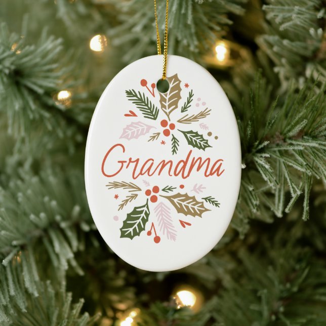 Grandma Bright Holly Christmas Photo Ceramic Ornament (Tree)