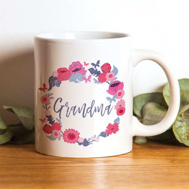 Grandma Brush Script Floral Butterfly Pink Wreath Coffee Mug (Creator Uploaded)