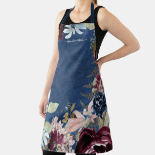 Grandma Burgundy Floral Blush Peony Rose w Navy Apron