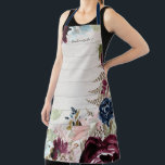 Grandma Burgundy Pink Floral White Cottage Wood Apron<br><div class="desc">"Grandma Burgundy Pink Floral White Cottage Wood with Your Grandma message." Watercolor artwork of a elegant, modern watercolor style garden flower border of deep burgundy peonies, blush pink roses and hydrangeas along with dusty blue and navy blossoms. A rustic cottage white painted wood shiplap, barn board background is mixed with...</div>