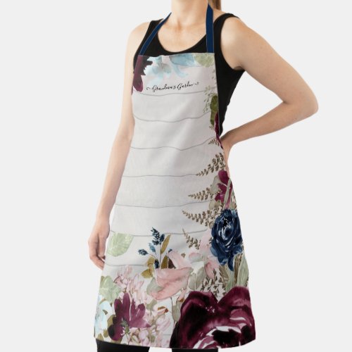 Grandma Burgundy Pink Floral White Cottage Wood Apron