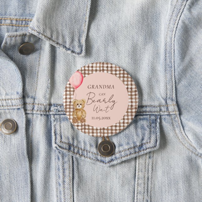 Grandma Can Bearly Wait Girl Baby Shower  Button (In Situ)