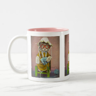 Grandma Cat Knitting Two-Tone Coffee Mug