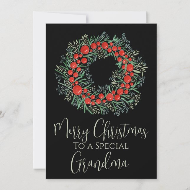 Grandma Christmas berries wreath Holiday Card (Front)