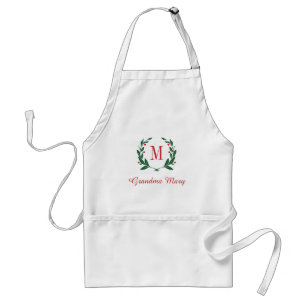 Grandma Christmas Laurel Wreath Monogram Adult Apron