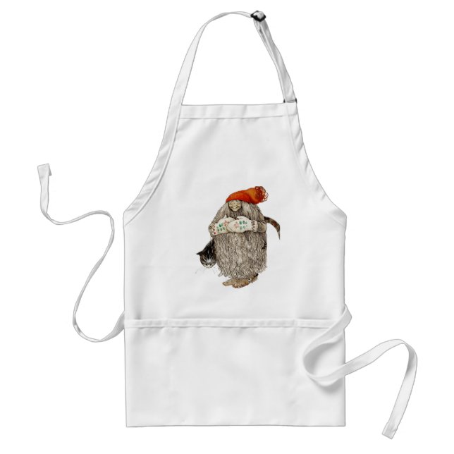 Grandma Christmas Tomten with Gray Cat Adult Apron (Front)