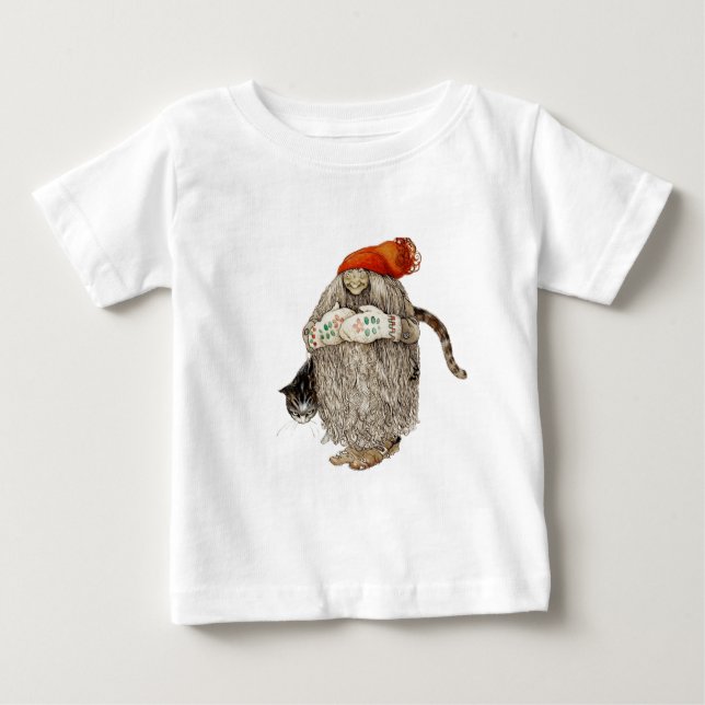Grandma Christmas Tomten with Gray Cat Baby T-Shirt (Front)