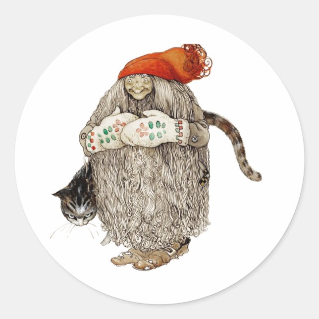 Grandma Christmas Tomten with Gray Cat Classic Round Sticker (Front)