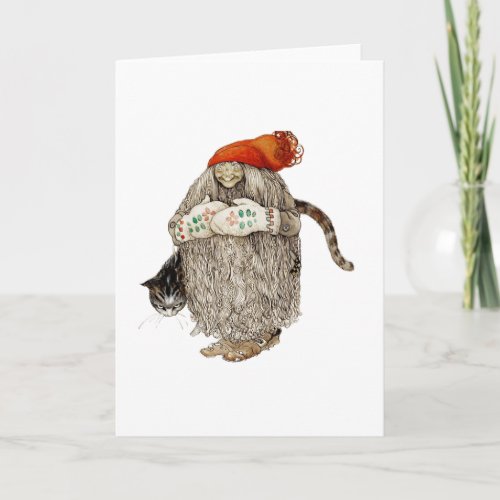 Grandma Christmas Tomten with Gray Cat Holiday Card