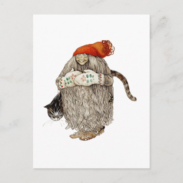 Grandma Christmas Tomten with Gray Cat Holiday Postcard (Front)