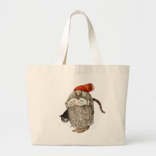 Grandma Christmas Tomten with Gray Cat Large Tote Bag