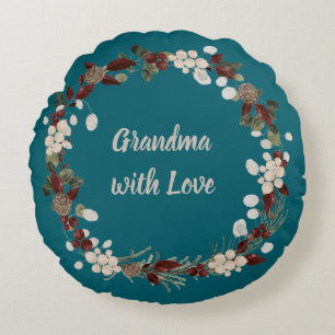 Grandma Christmas wreath on a rich teal Round Pillow