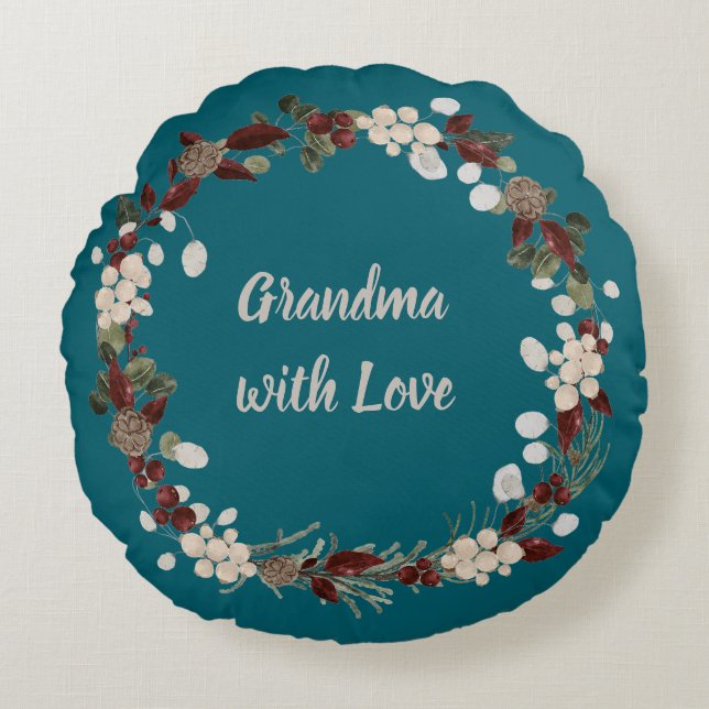 Grandma Christmas wreath on a rich teal  Round Pillow (Front)