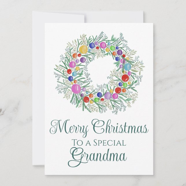 Grandma Colorful Christmas Wreath Holiday Card (Front)