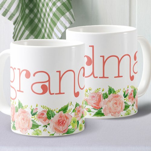 Grandma Coral Pink Watercolor Floral Roses Coffee Mug