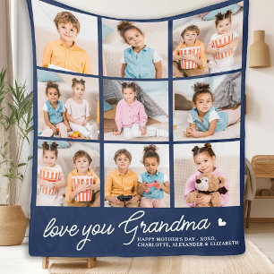Grandma Custom Modern Navy Blue 9 Photo Collage Fleece Blanket