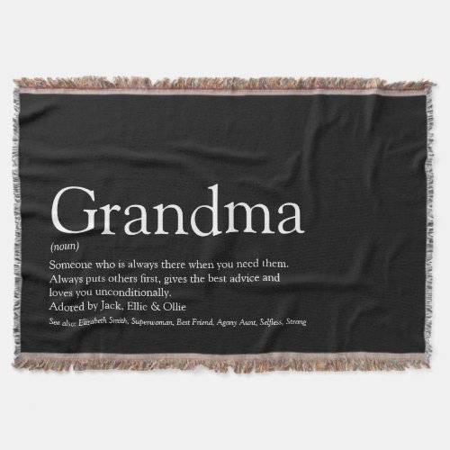 Grandma Definition Black and White Modern Fun Throw Blanket