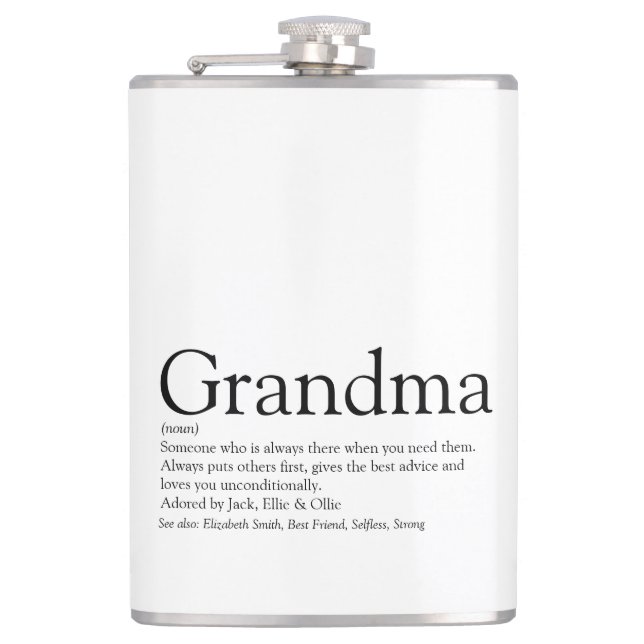 Grandma Definition Saying Fun Black and White Flask (Front)