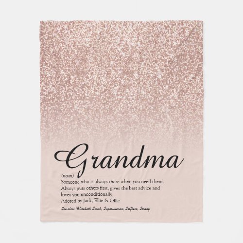 Grandma Definition Script Rose Gold Glitter Fleece Blanket